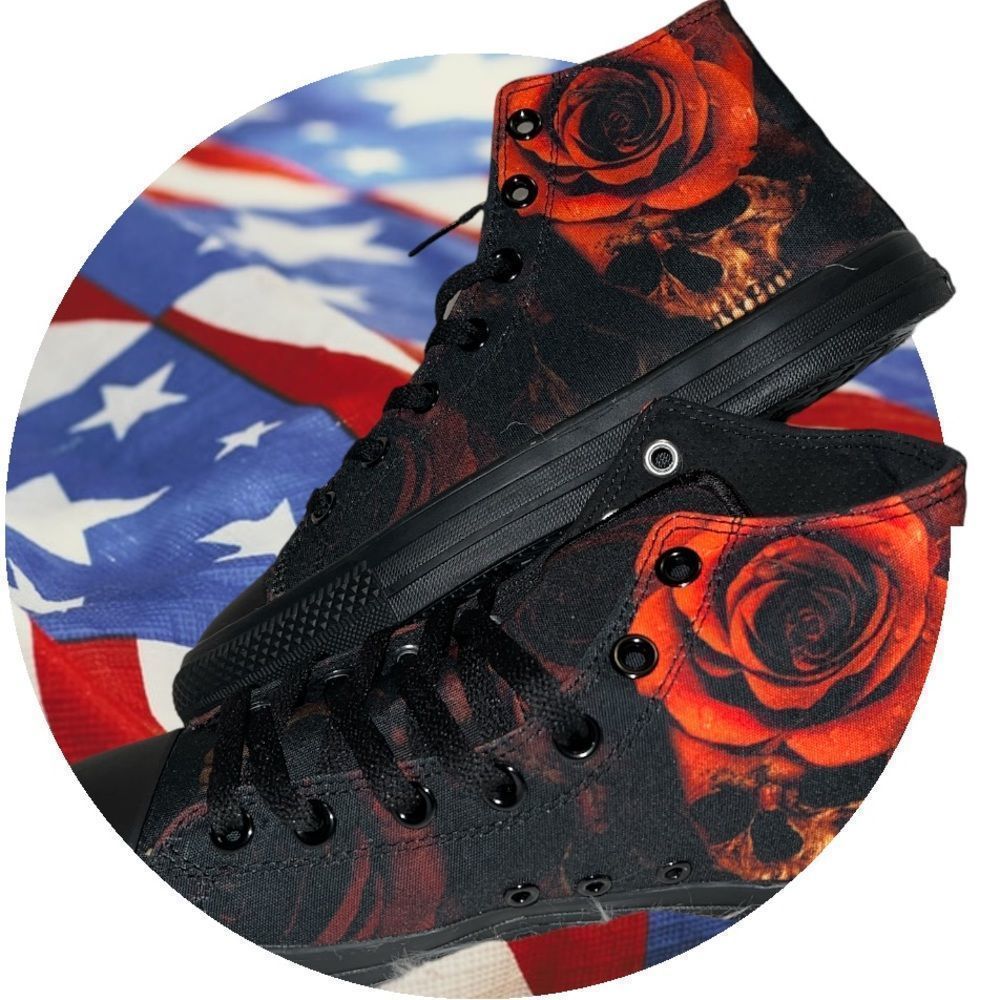 RAAD Shop Mens 7 Women’s 8.5 High-Top Black‎ Skull Orange Rose Shoes Sneakers